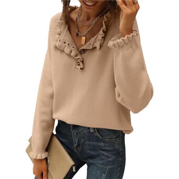 Women's Sweaters – Fall/Winter Long Sleeve, Button-Down, Ruffle Crew Neck - Picture 1 of 7